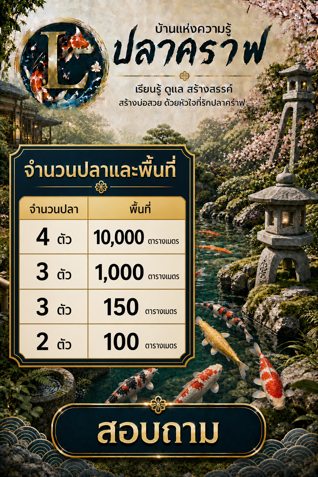 บ้านแห่งความรู้ปลาคราฟ ตารางจำนวนปลาและพื้นที่ ภาพปลาคราฟในบ่อสวนญี่ปุ่น พร้อมปุ่มสอบถาม